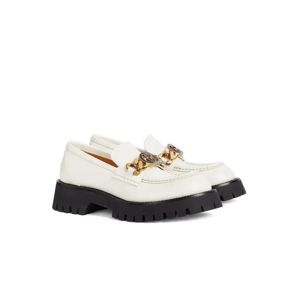 Gucci Jeanne Interlocking G EU 39 Loafers White Leather Lug Sole Shoes NIB $1190